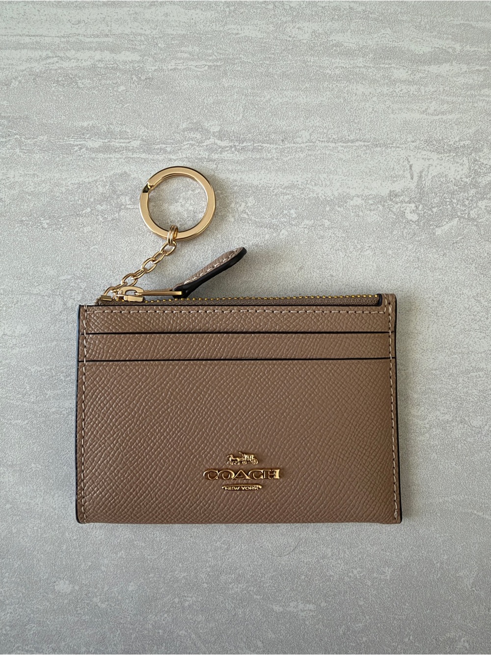 Coach Taupe Leather Card Holder with Gold Key Ring